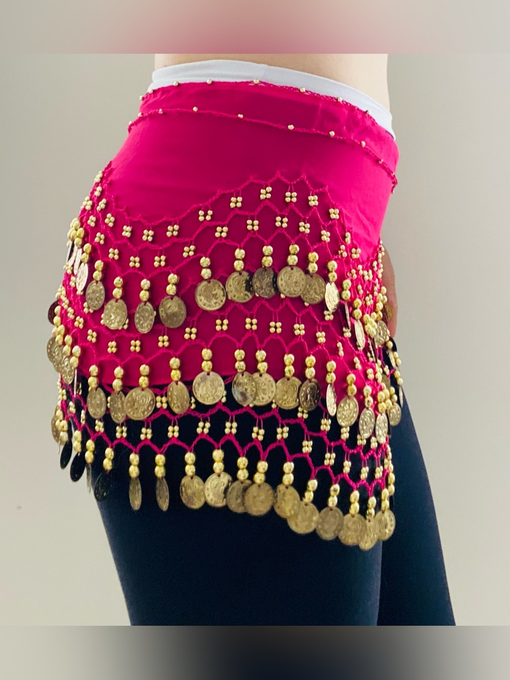 Fuchsia Chiffon Belly Dance Scarf with Gold Coin Trim